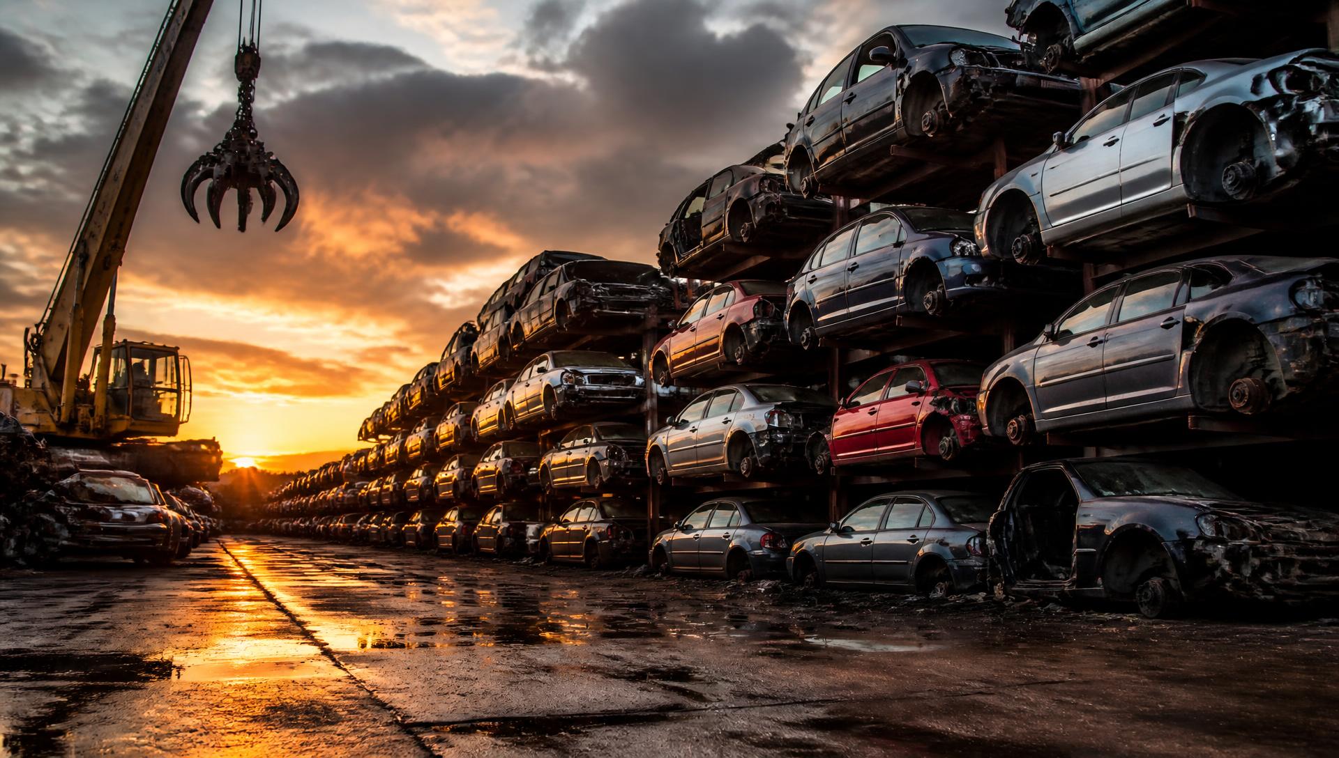Rows of stacked junk cars at the Curboy Junkyard salvage yard in Sturbridge, MA