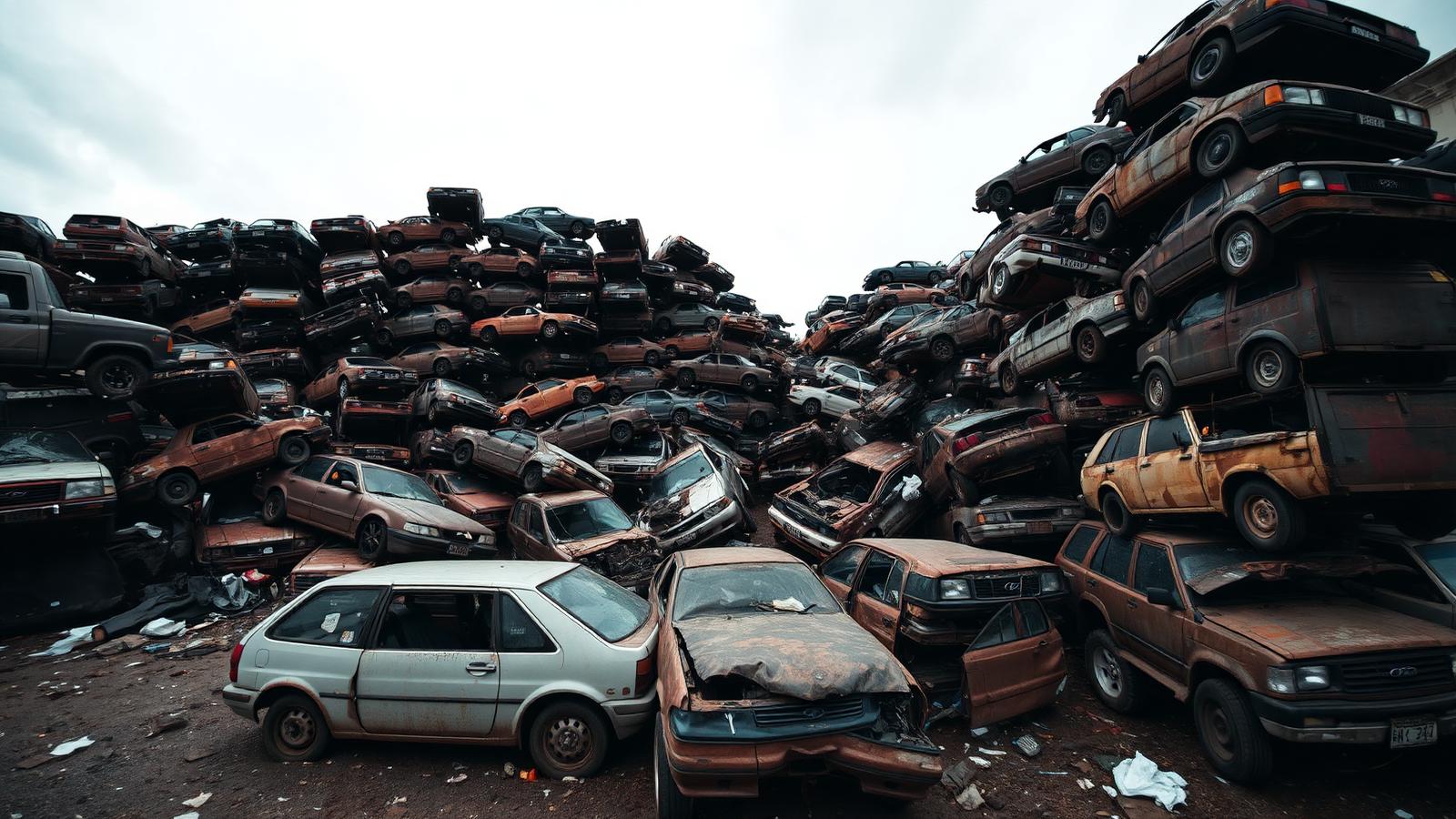 A large pile of crushed junk cars at a salvage yard